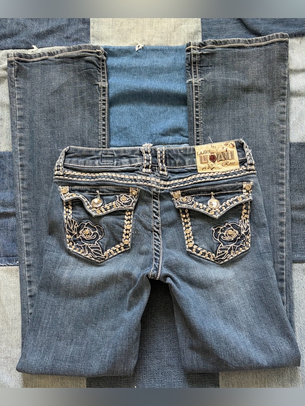 vtg y2k LA Idol low rise bootcut denim jeans bedazzled rhinestoned rose glam 5